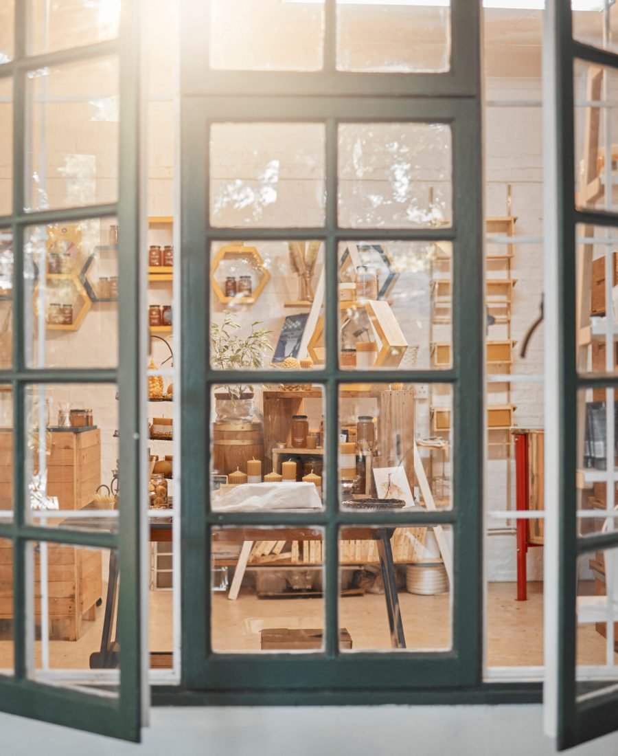Honey, retail and shop with window and natural product, organic and fresh for shopping and farm foo.